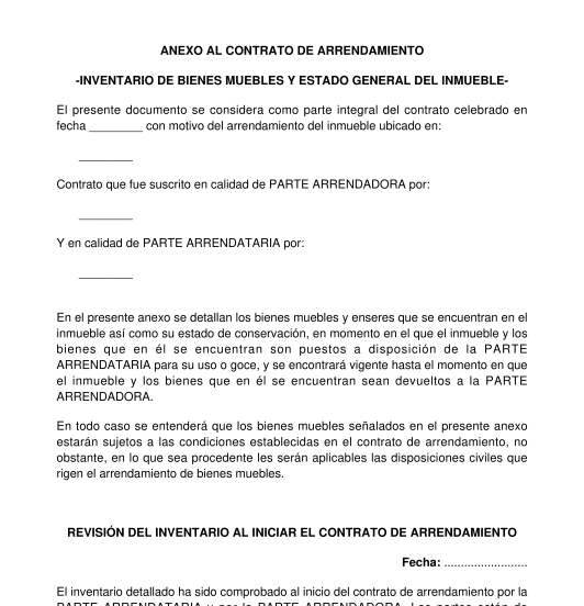 Inventario de muebles y estado general del inmueble anexo al contrato de arrendamiento