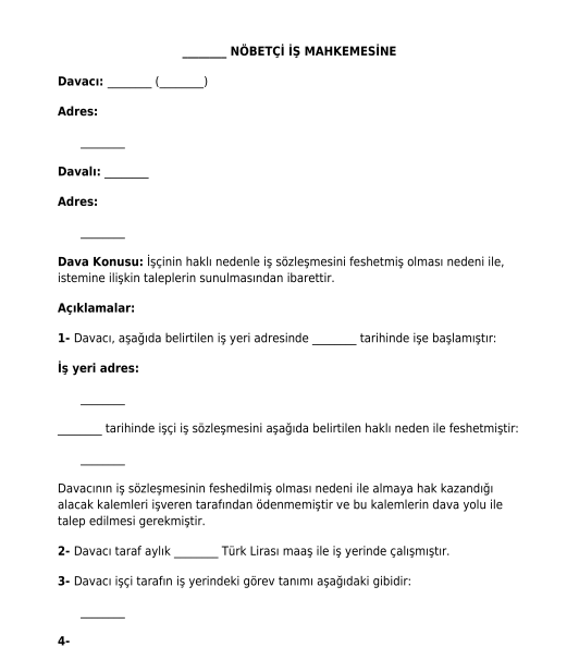 İş Sözleşmesinin İşçi Tarafından Haklı Nedenle Feshi Halinde Alacak Davası Dilekçesi