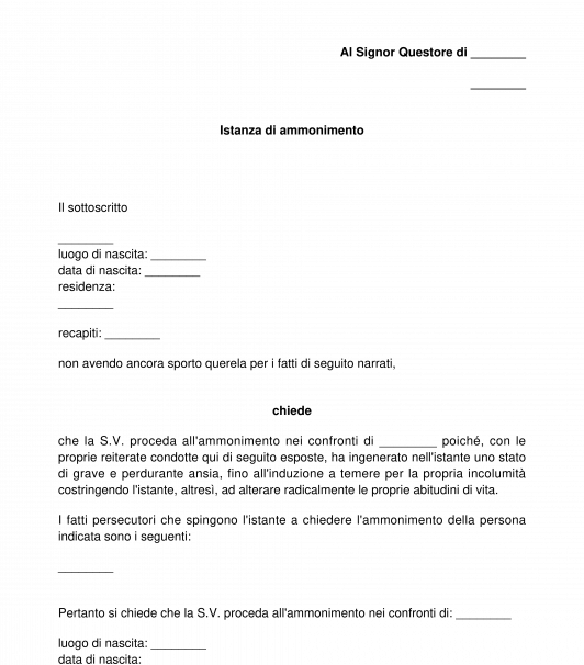 Istanza di ammonimento al Questore