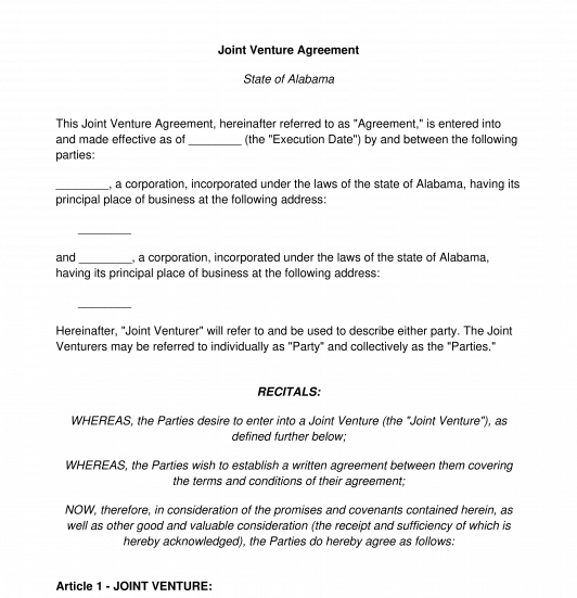 Joint Venture Agreement Template Word