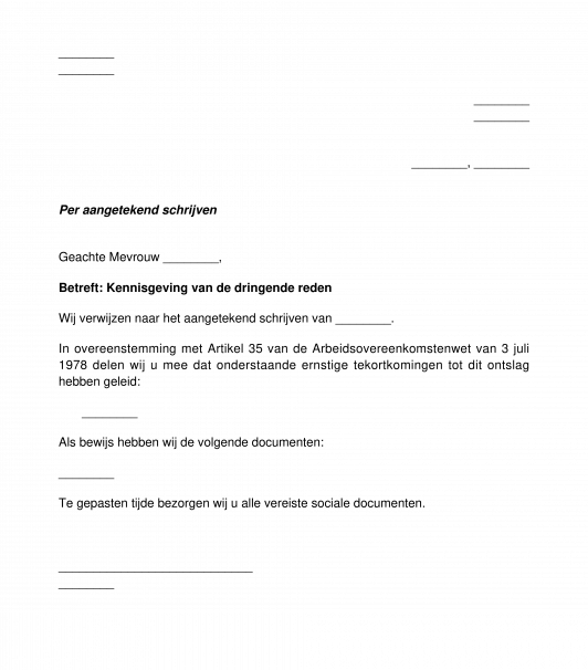 Kennisgeving van de redenen voor ontslag om dringende reden