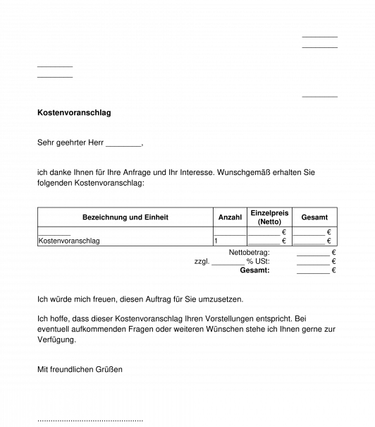 Anfrage Fur Einen Kostenvoranschlag Muster