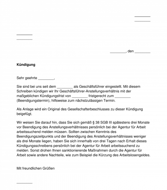 Kundigung Geschaftsfuhrer Muster Vorlage Word Pdf