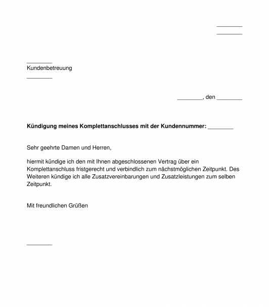 Kündigungsschreiben eines Telekommunikationsvertrages