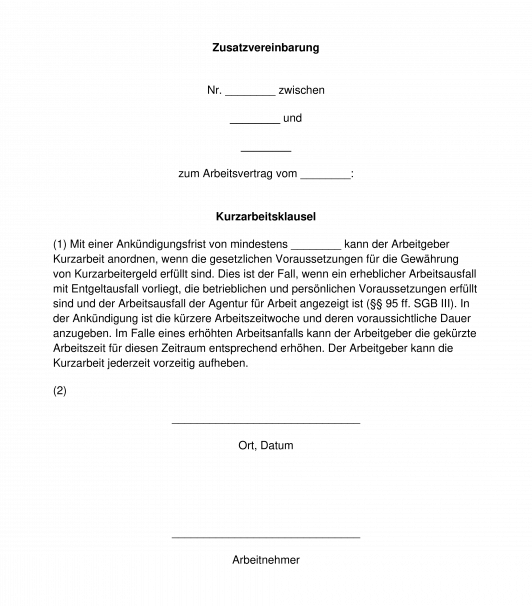 Kurzarbeitsklausel - Zusatz zum Arbeitsvertrag
