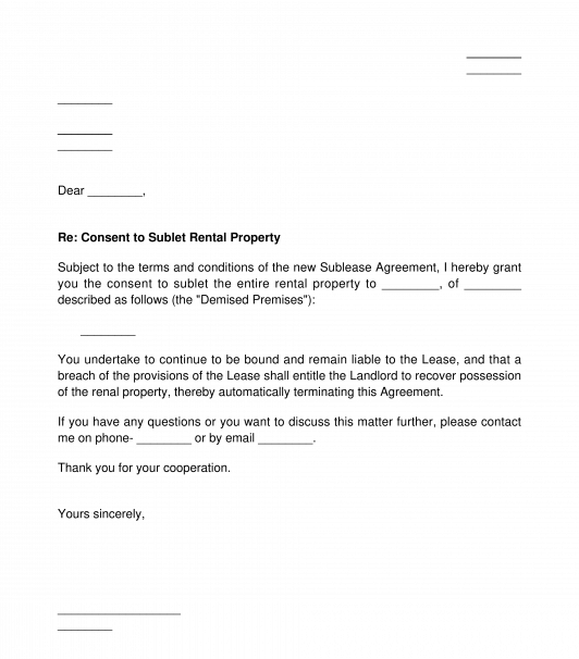 Landlord's Consent to Sublease Letter