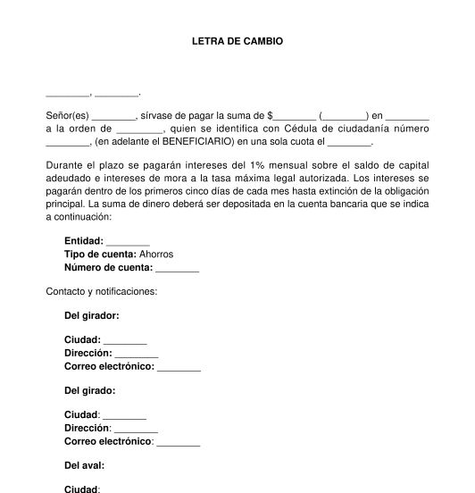 Letra de Cambio - Modelo, Ejemplo en Línea - Word y PDF