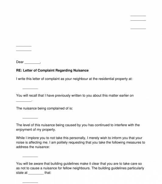 Letter about Nuisance to Neighbours