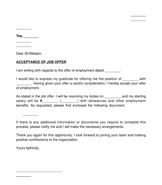 Letter of Acceptance or Rejection of a Job Offer