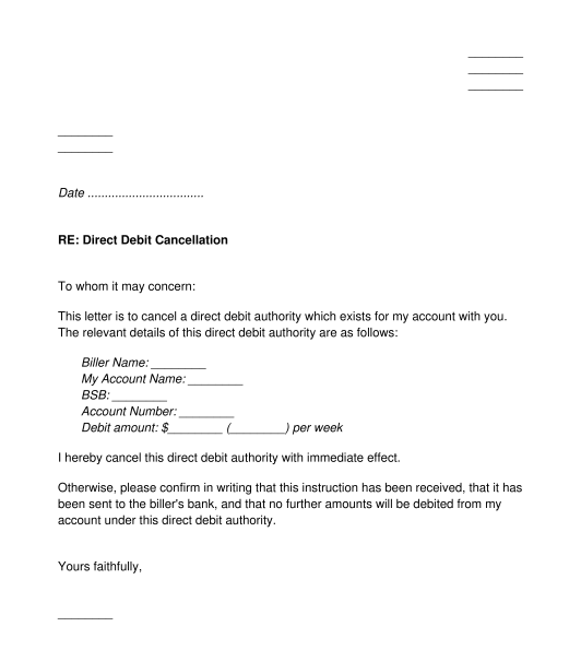 Letter to Bank to Cancel Direct Debit