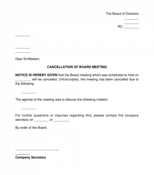 Letter to Cancel or Postpone Company Meeting