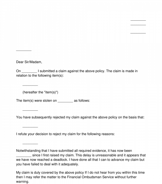 Letter to Complain About Insurer's Rejection or Delay of Claim
