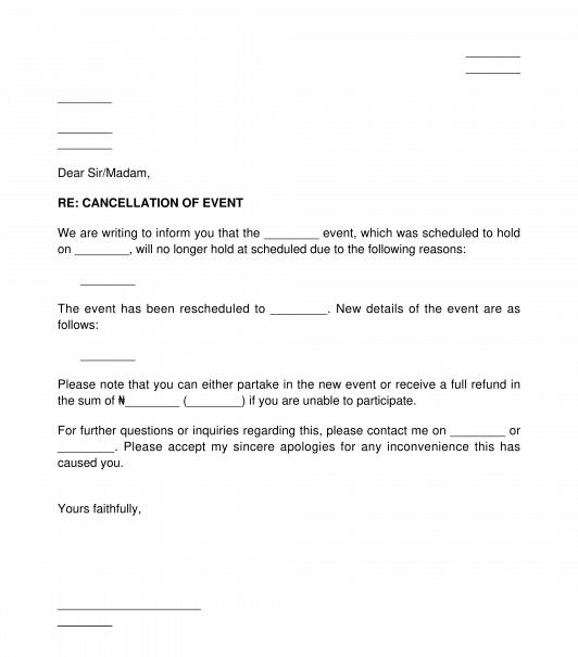 Letter to Customers Regarding a Cancelled Event