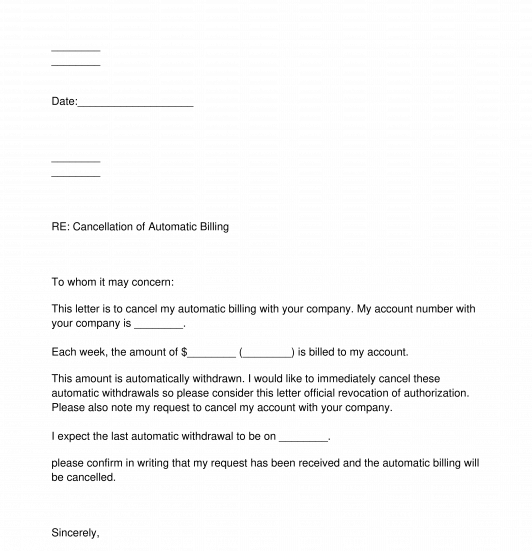 Letter to Disable Automatic Billing