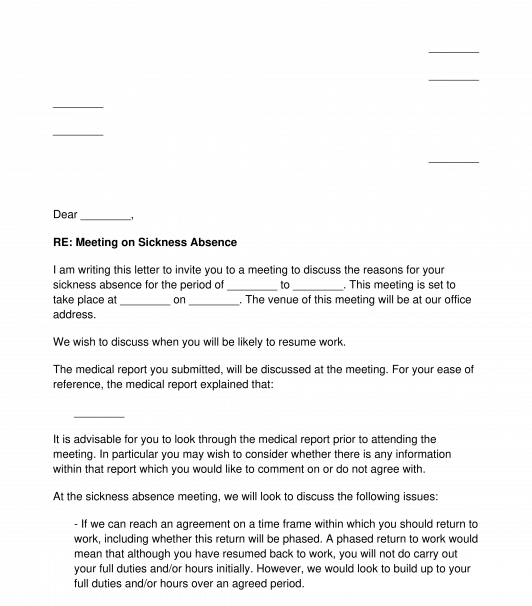 Letter Inviting Employee to Sickness Absence Meeting