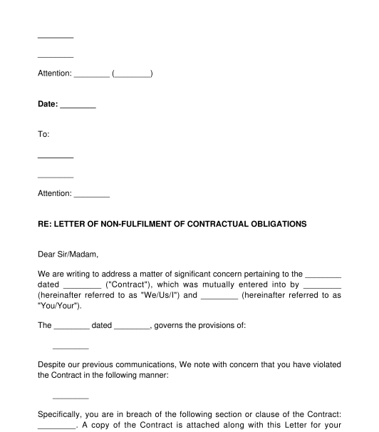 Letter of Non-Fulfilment of Contractual Obligations