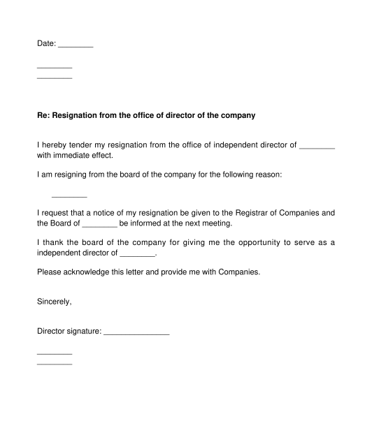 Letter of Resignation by the Director of a Company