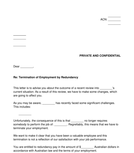 Letter of Termination of Employment Redundancy