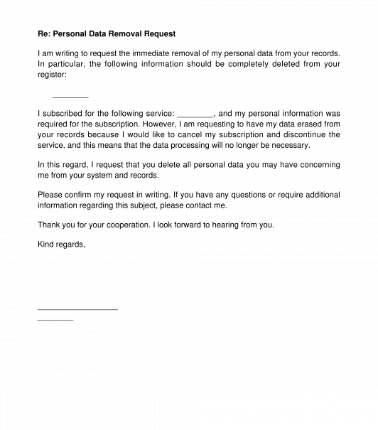 Letter to Request Deletion of Personal Data
