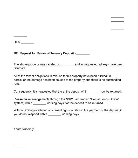 Letter to Request Return of Residential Tenancy Deposit