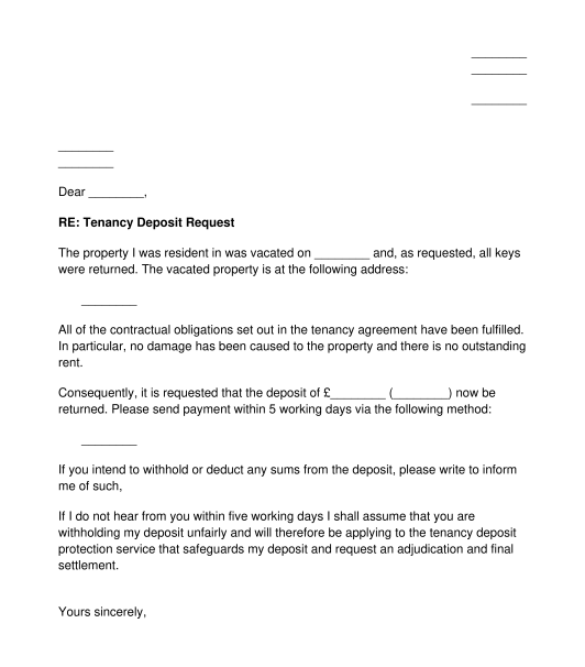 Letter to Request Return of Tenancy Deposit