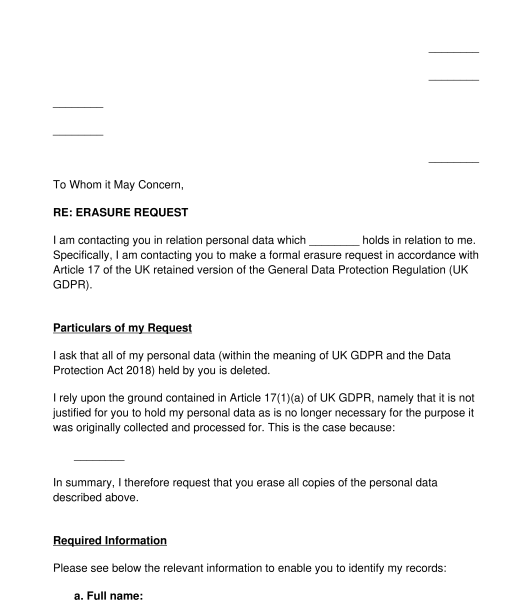 Letter Requesting Deletion of Personal Data