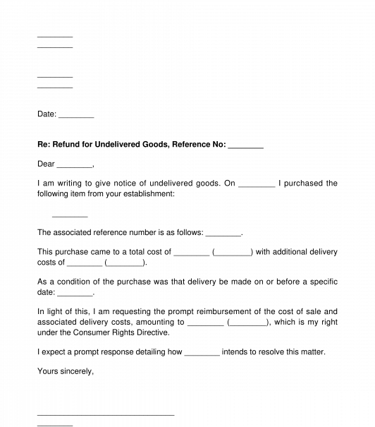 Letter Requesting a Refund for Undelivered Goods