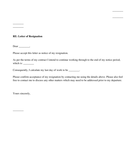 Letter of Resignation from Employment Sample Template