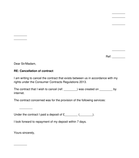 Letter to Cancel a Distance Contract for Services