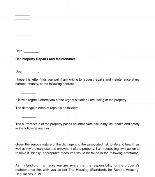 Letter To Landlord Requesting Repairs Sample Template