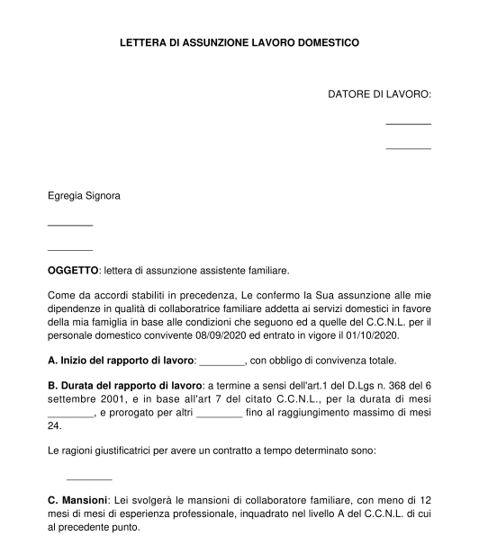 Lettera Assunzione Lavoro Domestico Modello