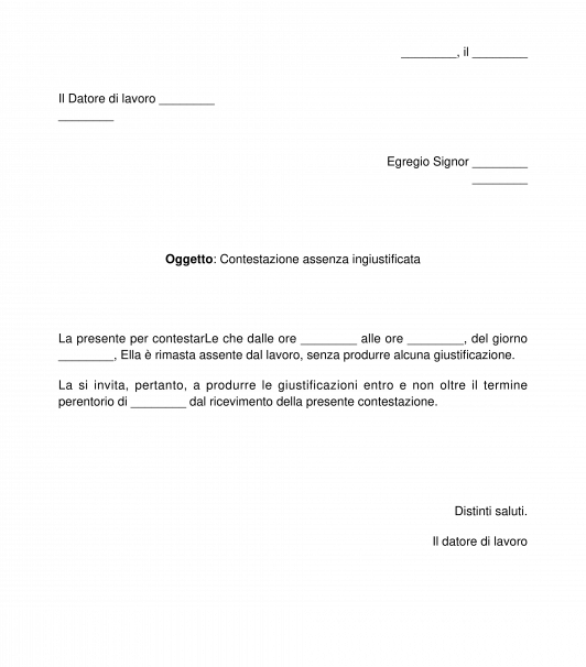 Lettera di contestazione per assenza ingiustificata al lavoratore