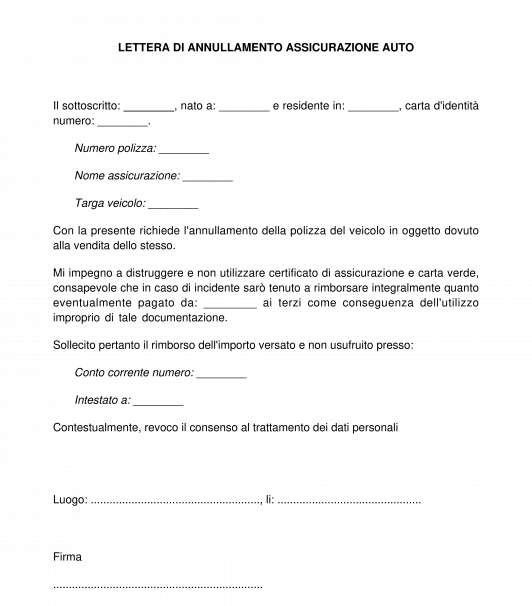 Lettera di disdetta/annullamento assicurazione auto