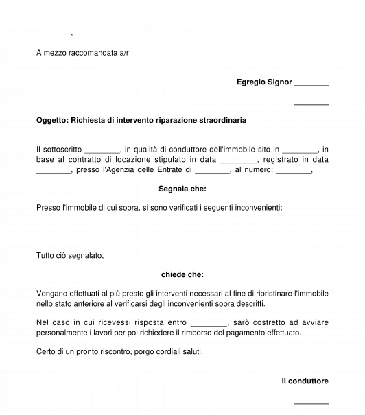 Lettera richiesta intervento manutenzione straordinaria al locatore