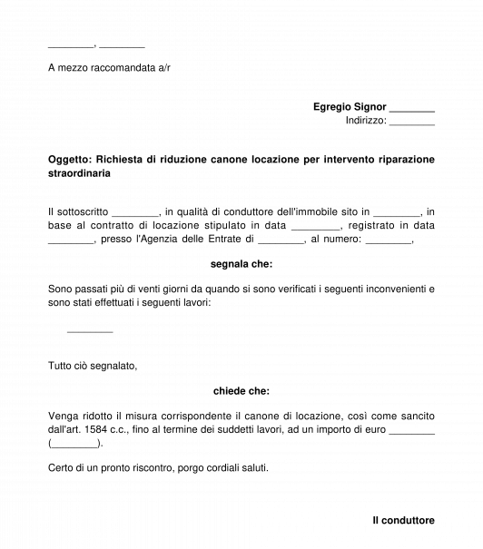 Lettera richiesta riduzione affitto per lavori al locatore