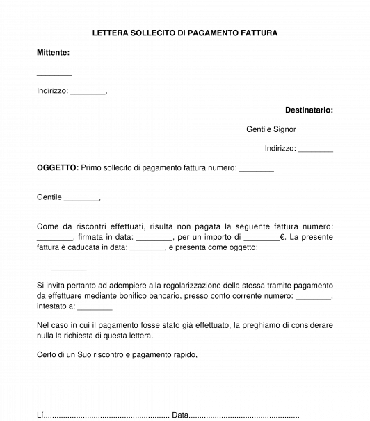 Lettera sollecito di pagamento fattura