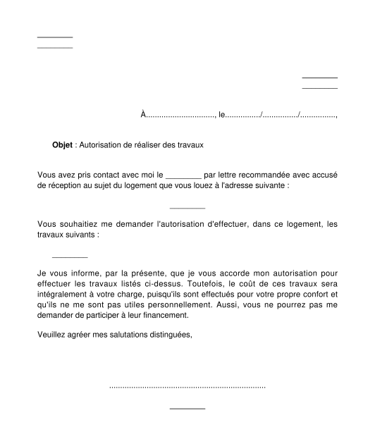 Lettre d'autorisation ou de refus d'autorisation des travaux au locataire