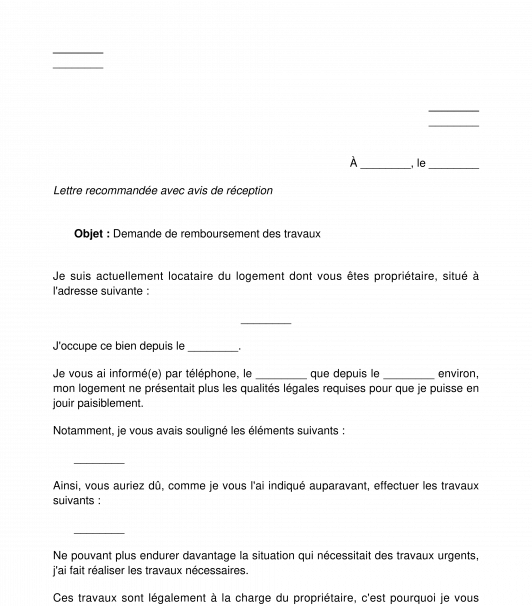 Lettre au propriétaire de demande de remboursement travaux, réparations...
