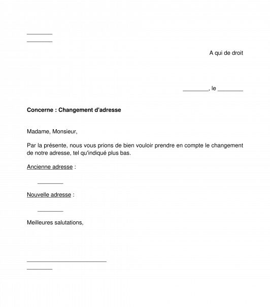 Lettre de changement d'adresse