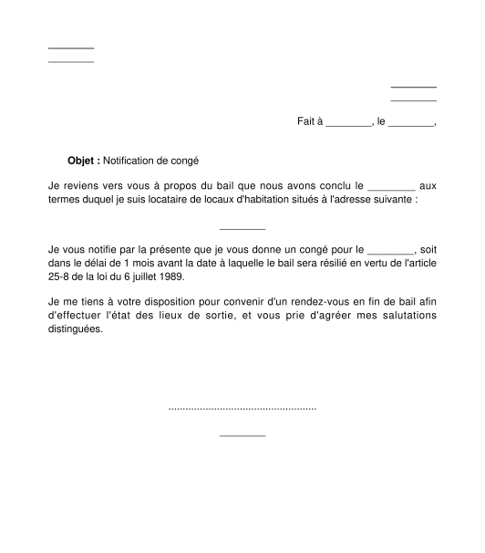 Lettre de congé donné par le locataire au propriétaire