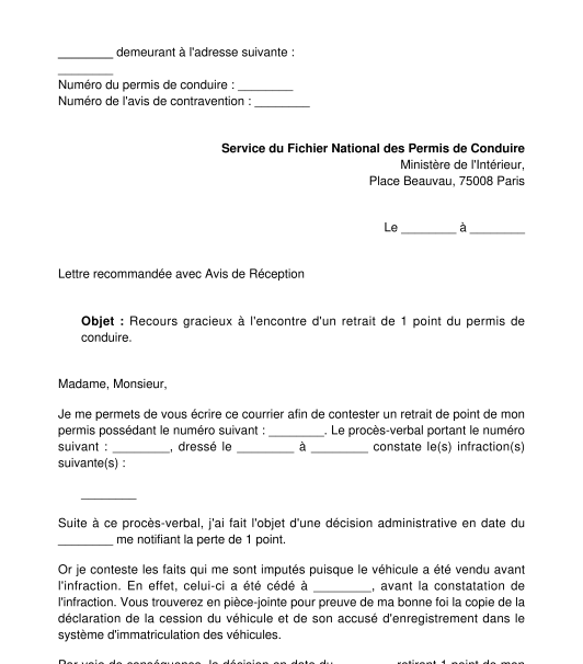 Lettre contestant un retrait de points du permis de conduire