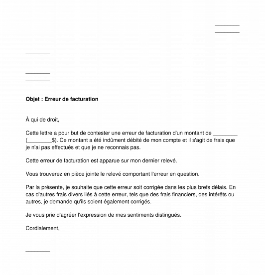 Lettre de correction d'erreur de facturation