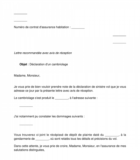 Lettre de déclaration d'un cambriolage à l'assurance