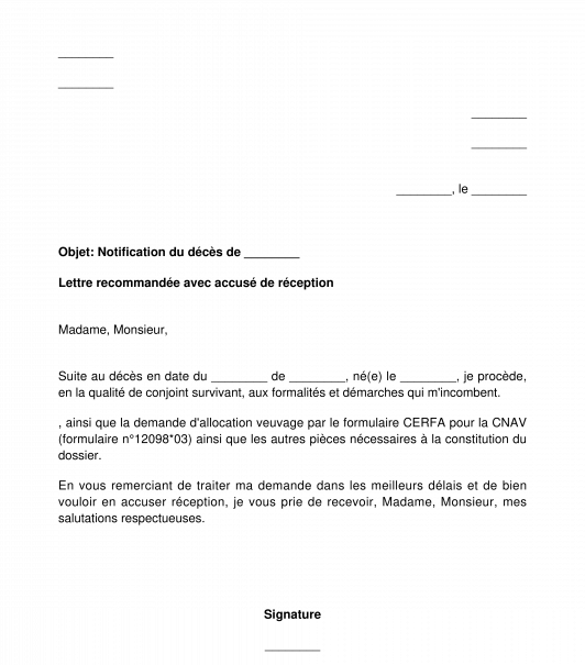Lettre de demande de l'allocation veuvage / pension de réversion à la CNAV ou MSA