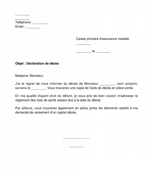 Lettre de demande du capital décès à la caisse primaire d'assurance maladie CPAM