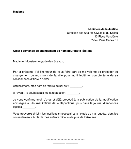 Lettre de demande de changement de nom pour motif légitime