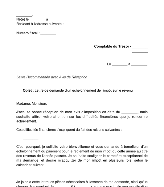 Lettre de demande d'un délai de paiement de l'impôt sur le revenu particuliers