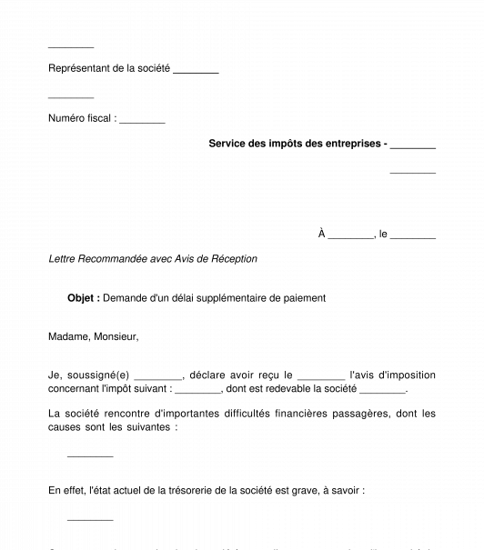 Lettre de demande d'un délai de paiement d'un impôt ou d'une taxe professionnels