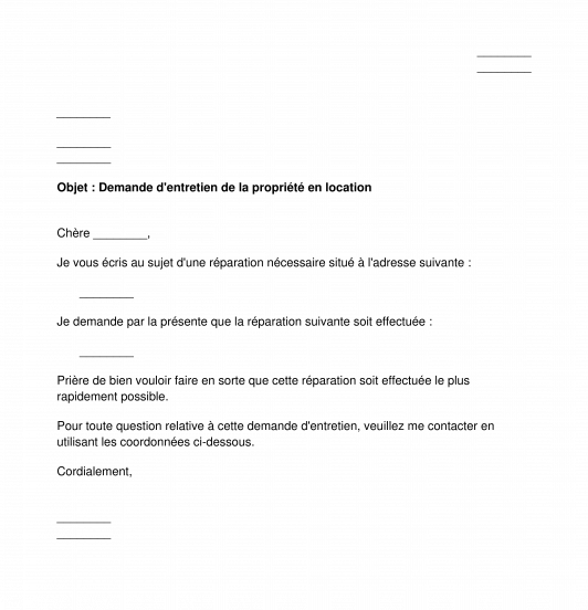 Lettre de demande d'entretien du locataire