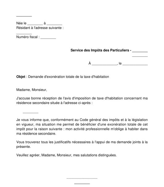 Lettre de Demande d'Exonération de la Taxe d'Habitation